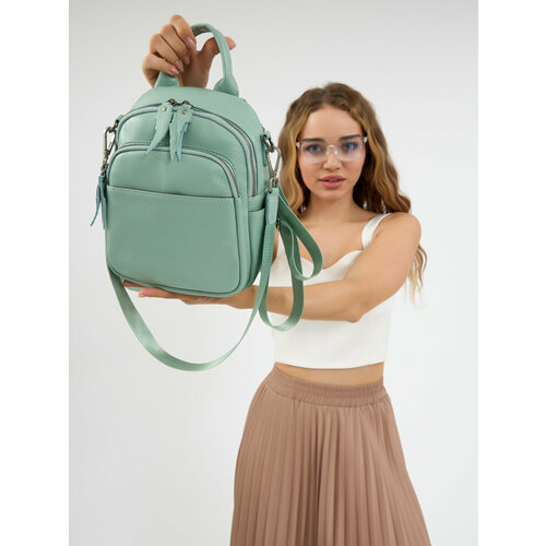 Сумка-рюкзак городской PouchMan, женский, натуральная кожа, 4,5 л, 20х25х9 см, оливково-зеленый