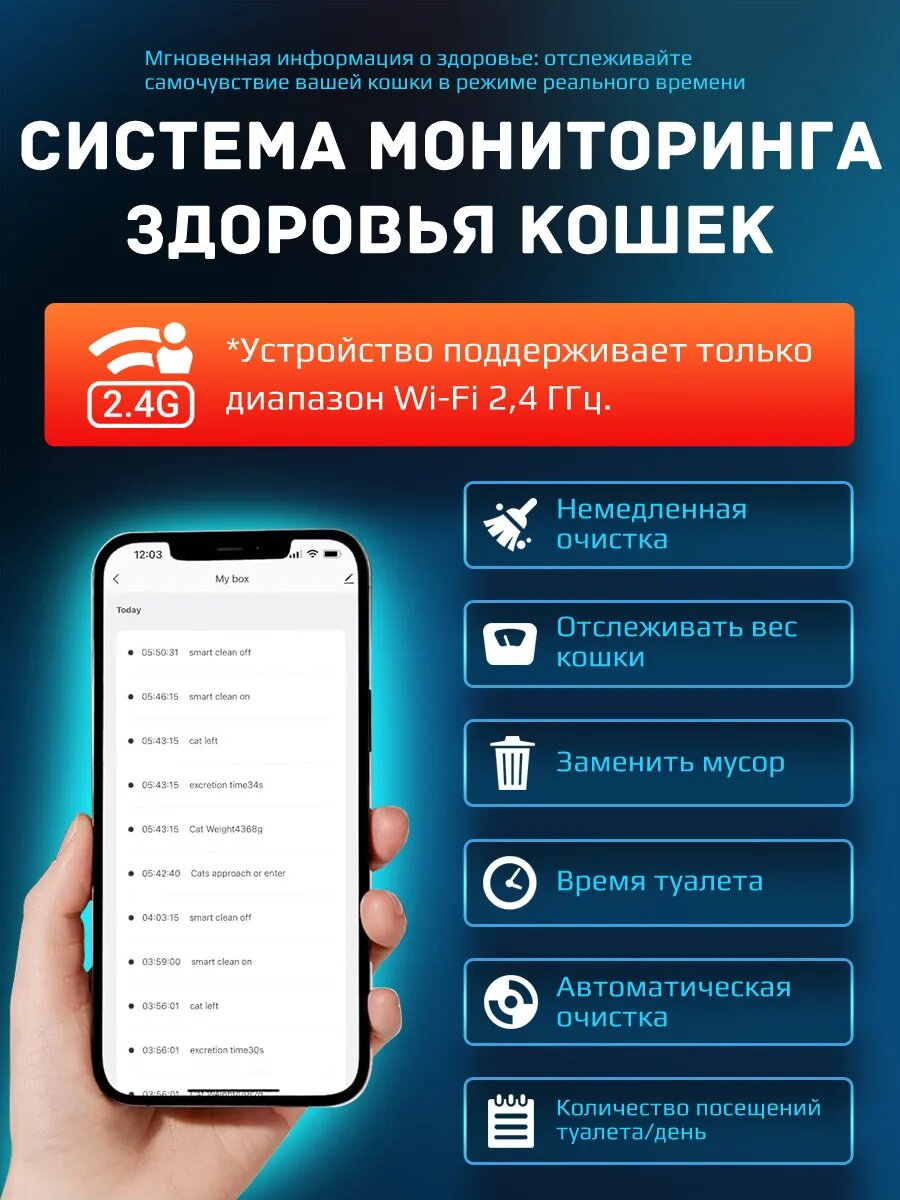 Умный лоток для кошек "Поддержка WiFi", многоуровневая безопасность, 48x51.6x50.5 см — фото 1