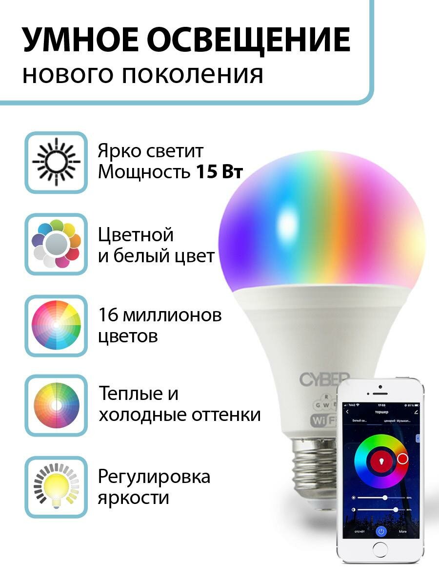 Умная лампочка светодиодная Е27 15 Вт. Лампа Wi-Fi Яндекс Умный дом c Алисой Маруся Bluetooth — фото 1