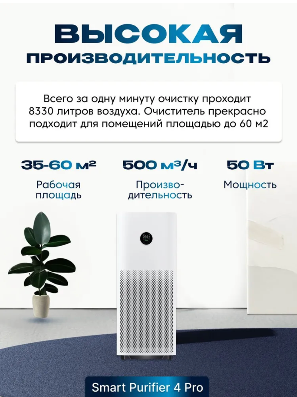 Очиститель воздуха Xiaomi Mi Air Purifier 4pro, 60м², управление со смартфона — фото 1