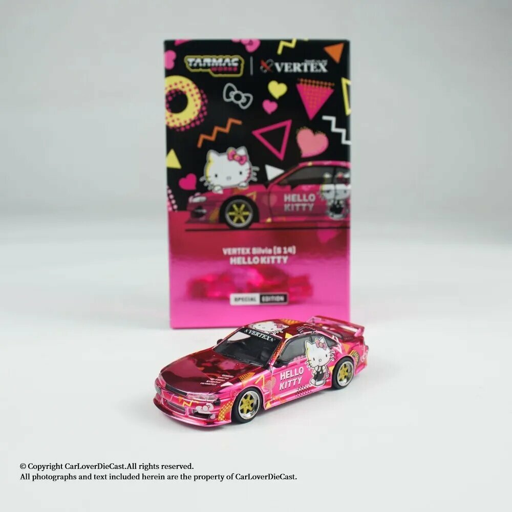 Машинка Tarmac Works TW 1:64 VERTEX Silvia S14 Hello Kitty Pink Chrome Die-cast Alloy Model Collection Toy Children Gifts