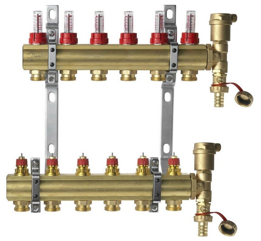 Коллектор регулируемый Danfoss FHF-6F (088U0726) 1" ВР-ВР 6 отводов 3/4" расходомер воздухоотводчик