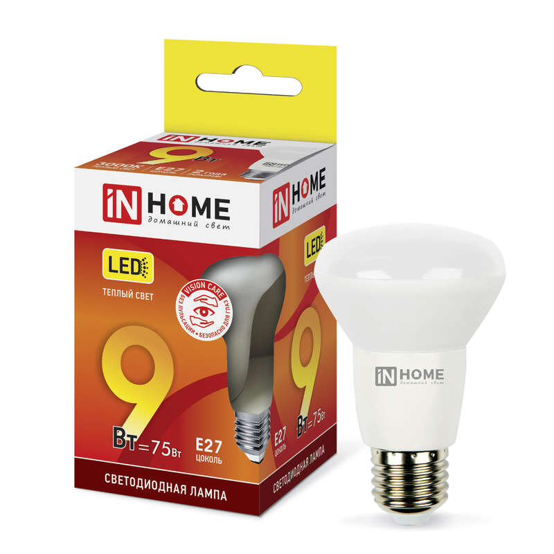 Лампочка светодиодная LED-R63-VC 9Вт 230В E27 3000К 810лм, IN HOME 4690612024301 (1 шт.)