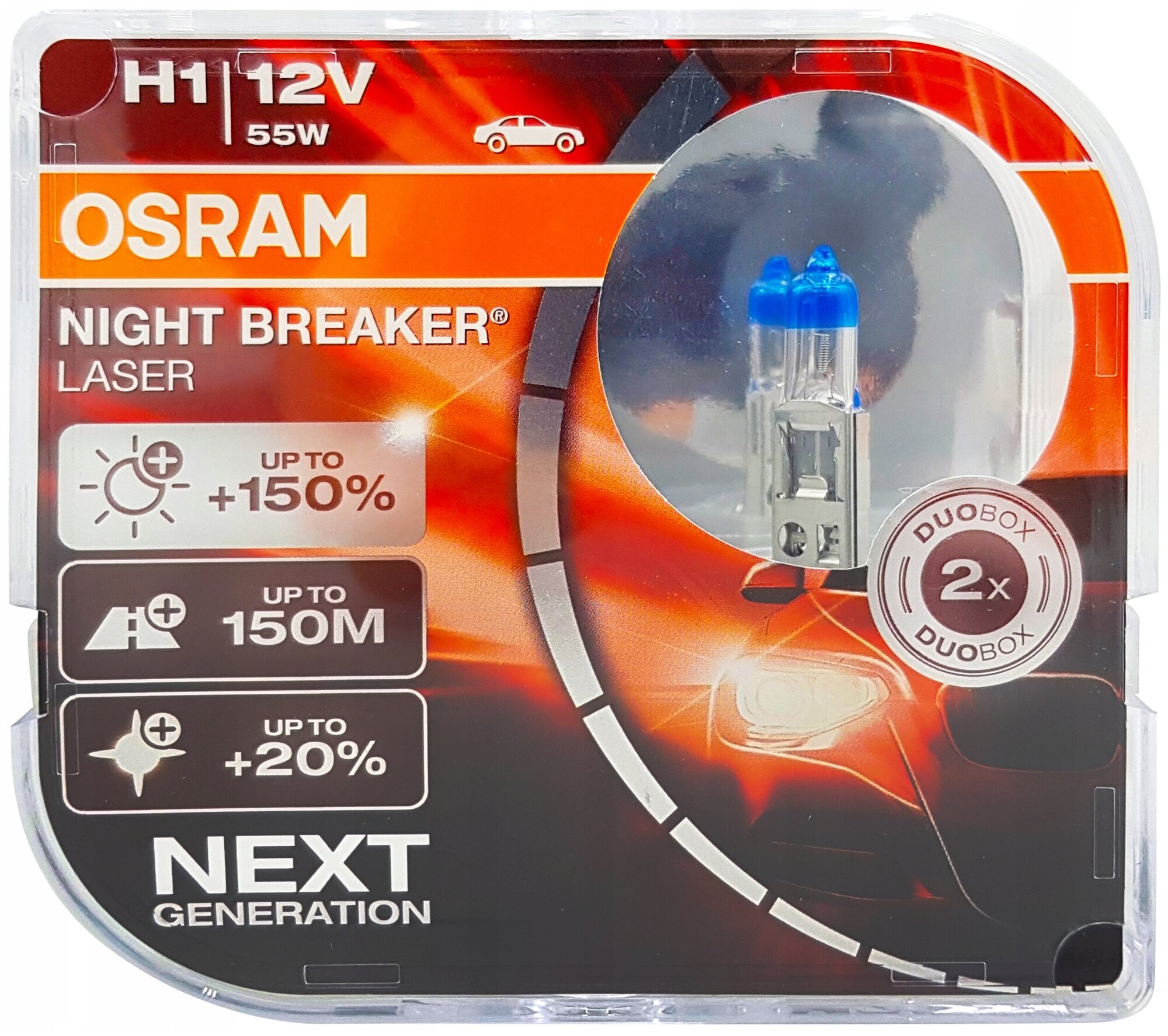 Комплект ламп h1 12v 55w p14.5s night breaker laser +150% больше света 2шт.(1к-т) Osram 64150NLHCB