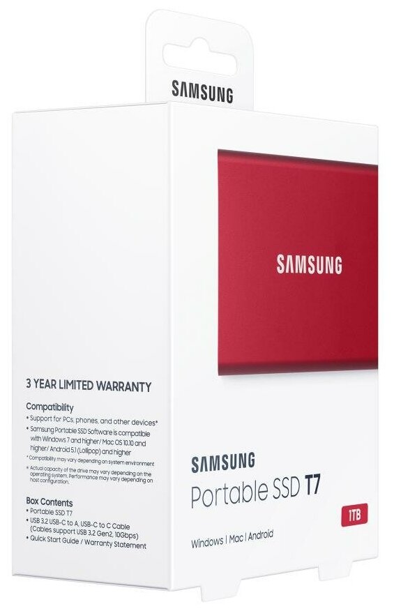 Твердотельный накопитель Samsung SSD 1TB T7 Touch, USB Type-C, R/W 1000/1050MB/s, Red Mu-pc1t0r/ww .