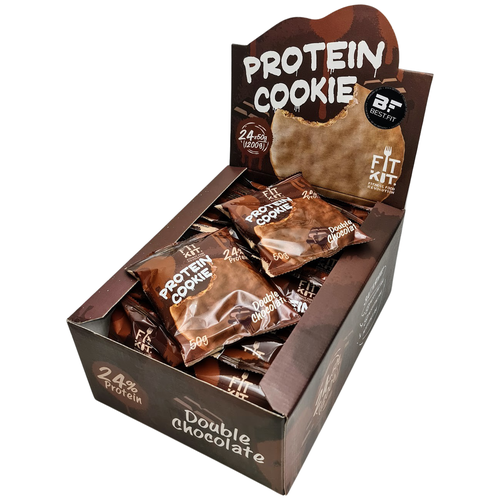 Fit Kit, Chocolate Protein Cookie, упаковка 24шт по 50г (двойной шоколад) протеиновое печенье в шоколаде без сахара fit kit chocolate protein cookie упаковка 24шт по 50г двойной шоколад