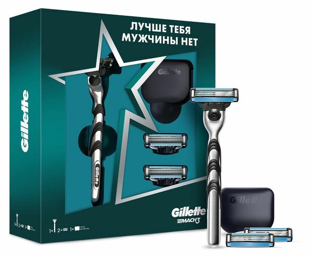 Набор Gillette Mach3: бритва с 1 сменной кассетой + 2 сменные кассеты + чехол для бритвы