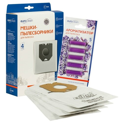 Мешки-пылесборники Euroclean синтетические 4 шт и ароматизатор Лаванда для пылесоса PHILIPS HR8731 VISION