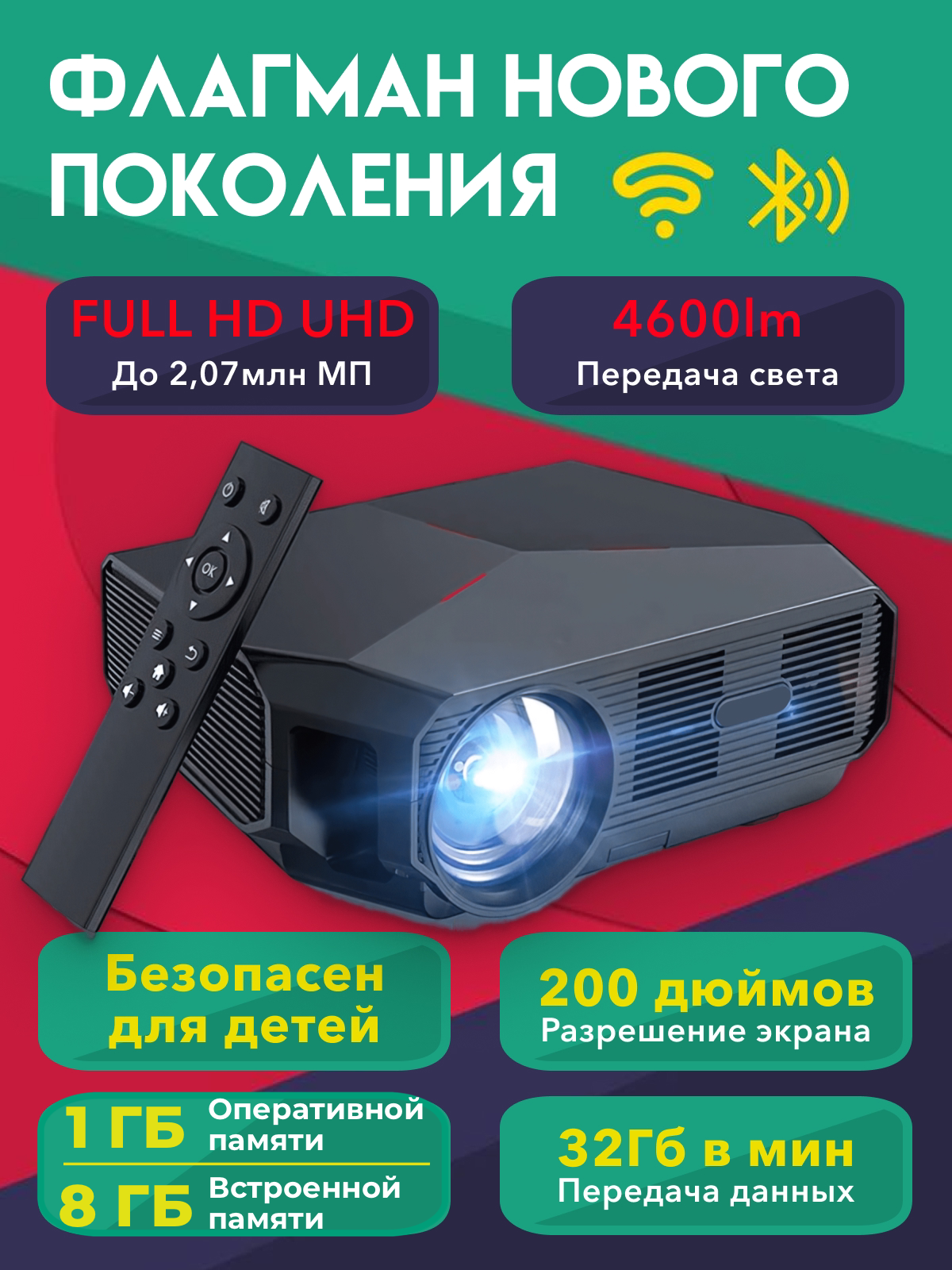 Мини-проектор черный для домашнего кинотеатра/ Флагман портативный FULL HD