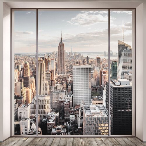 Моющиеся виниловые фотообои GrandPiK Нью-Йорк сквозь панорамное окно, 250х250 см