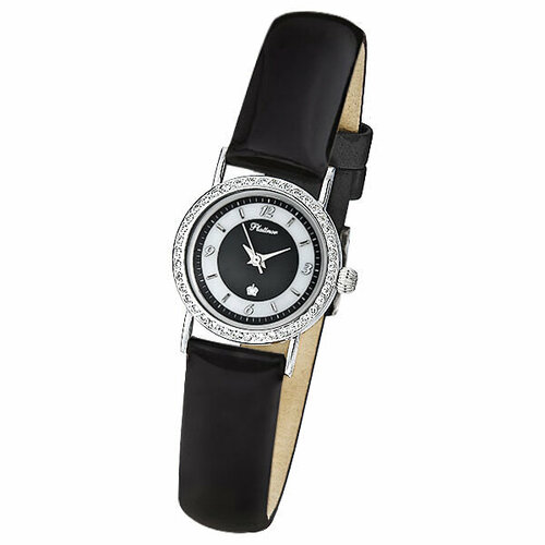 Наручные часы Platinor 98106 диаметром 24 мм Арабские Черно-белый женские, кварцевые, корпус серебро, 925 проба, фианитчерный