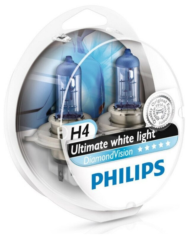 Лампа автомобильная галогенная Philips DiamondVision 12342DVS2 H4 12V 60/55W P43t