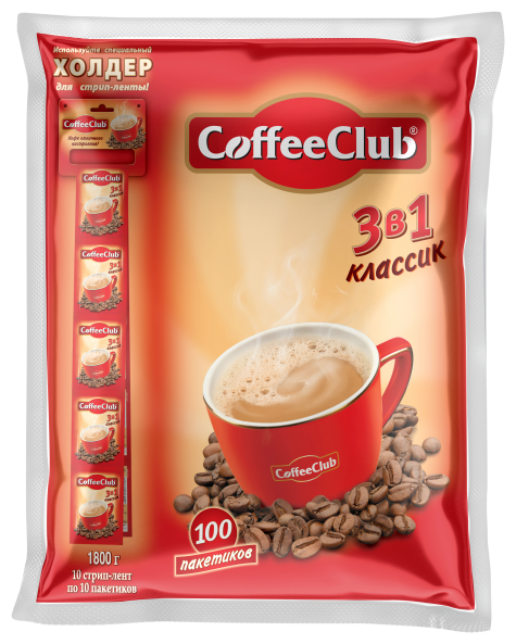 Кофе растворимый 3 в 1 Классик Coffee Club, 100 пакетиков по 18 г - фотография № 1