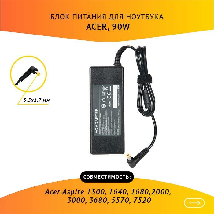 Блок питания (зарядка) для ноутбука Acer Aspire 1300, 1640, 1680, 2000, 3000, 3680, 5570, 7520, 19V, 4.74A, 90W, 5.5x1.7 без сетевого кабеля