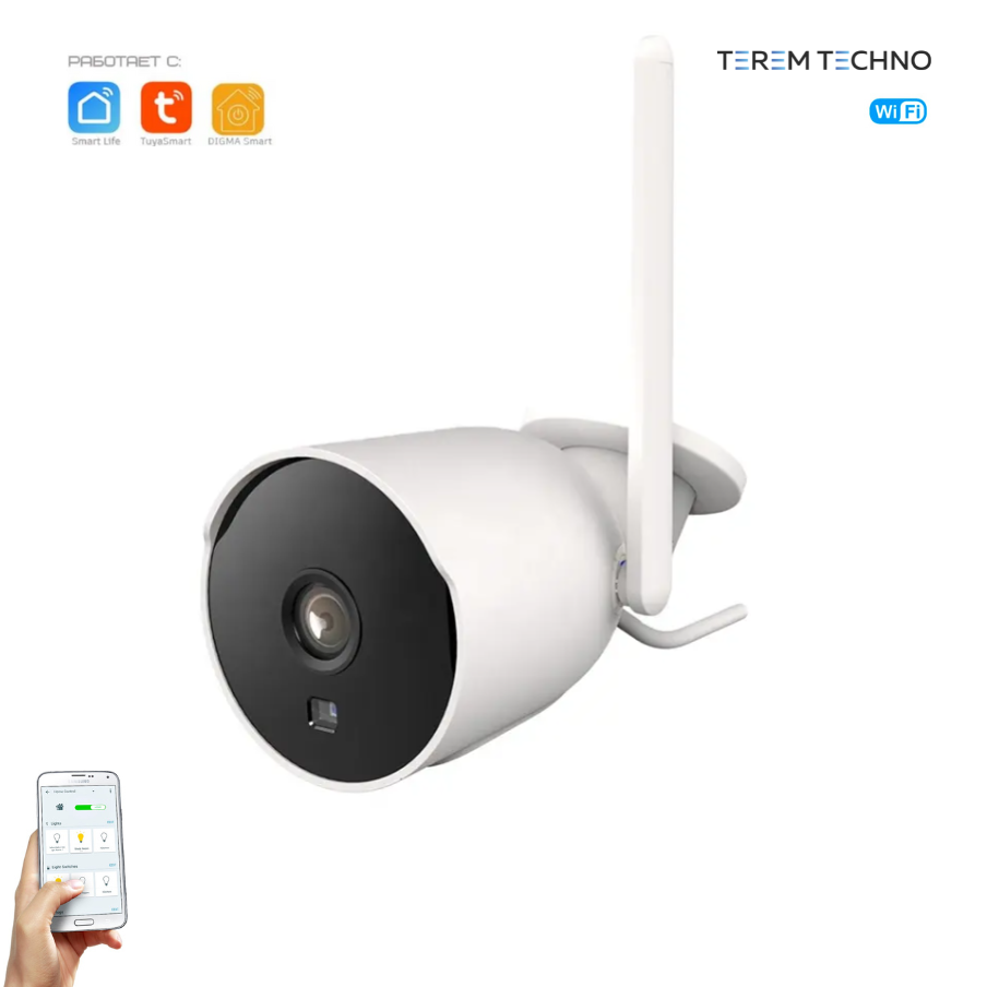 Уличная наружная wifi умная камера беспроводная для видеонаблюдения Terem Тechno дистанционное управление для умного дома от Tuya/Smart Life/Digma