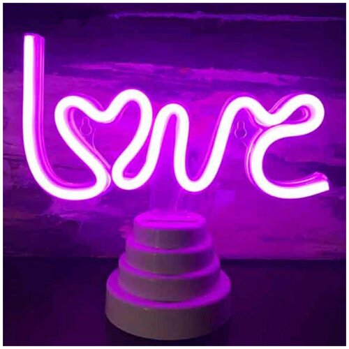 Светодиодный неоновый декоративный светильник ночник / LED Настольная ночная лампа с USB / Подсветка для детской комнаты на батарейках / Интерьерный осветительный прибор Neon (Love)