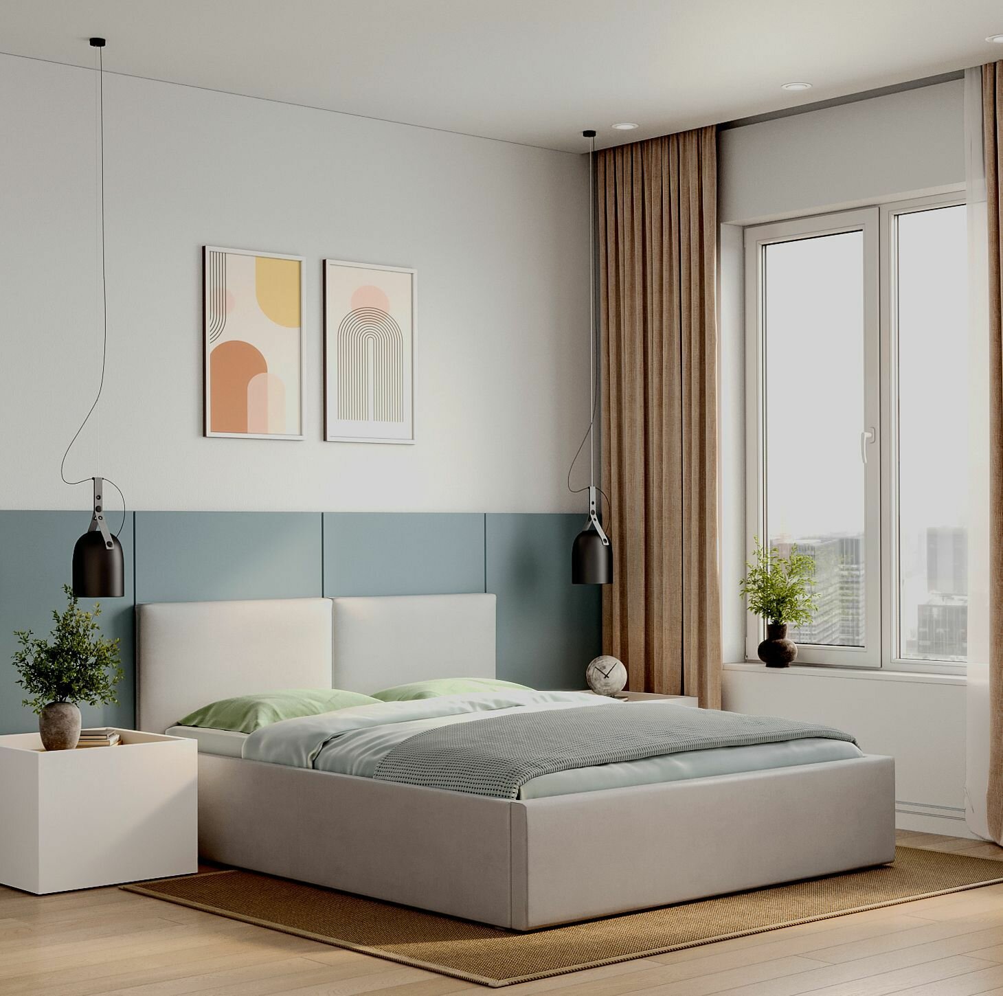 Кровать с матрасом Остин 180х200 двуспальная с подъемным механизмом, с ящиком для белья, светло-серая