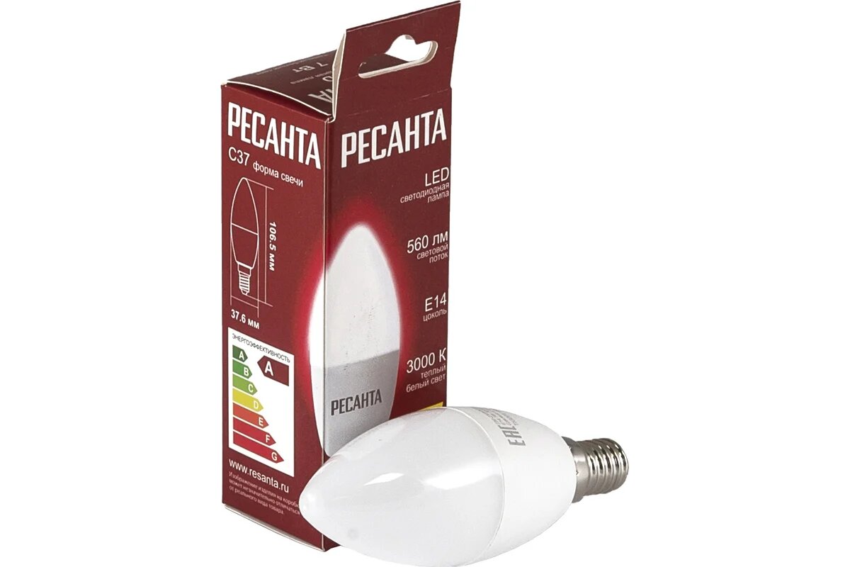 Светодиодная лампа Ресанта LL-R-C37-7W-230-3K-E14 (свеча, 7Вт, теплый, Е14) 76/1/5