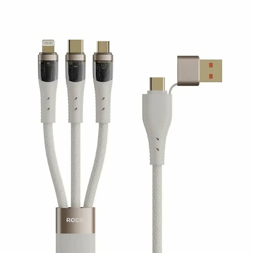 Зарядный кабель в нейлоновой оплетке 3 в 2 ROCK G20 Transparency Series 3 in 2 Multifunctional Fast Charging Cable USB-C, Micro Usb, Lightning - USB-C, USB A 150 см. бежевый