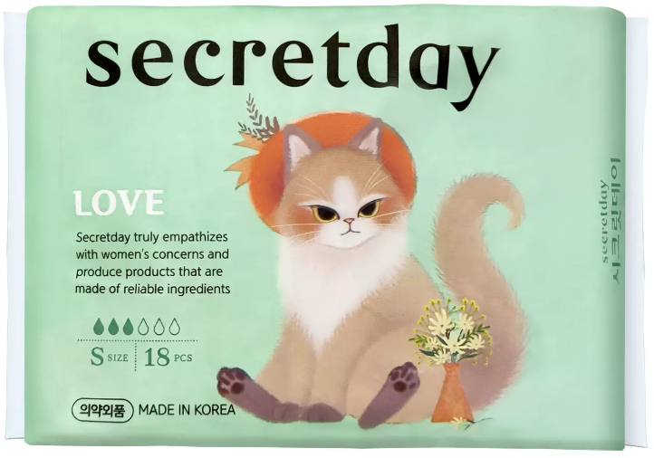 Secret Day Love S Хлопковые гигиенические прокладки 21 см 3 капли 18 шт