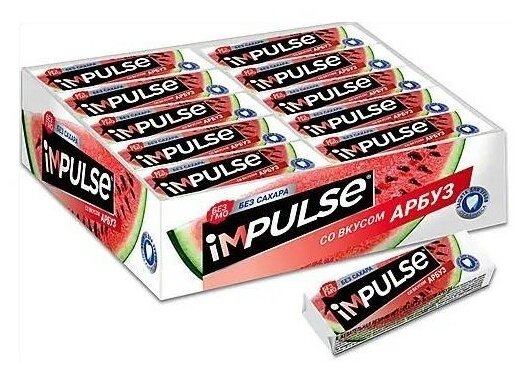 «Impulse», жевательная резинка со вкусом «Арбуз», без сахара, 14 г (упаковка 30 шт.) - фотография № 1