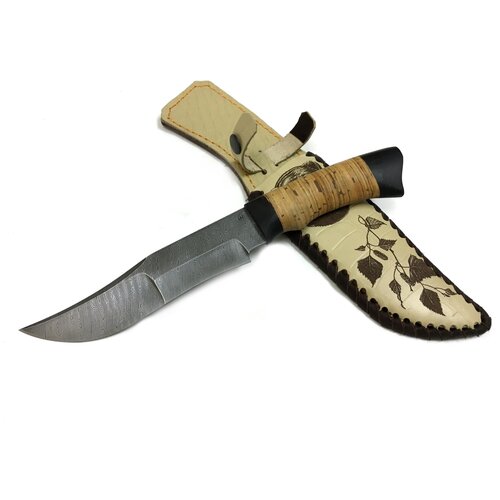 фото Нож муромец, дамасская сталь, рукоять из бересты и черного дерева семина е.п.