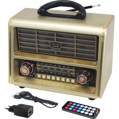 Радиоприёмник с симпатичным ретро-дизайном Meier M-2029BT Gold с поддержкой Bluetooth пультом ДУ и блоком питания DC 5V 1А в комплекте 397100₽