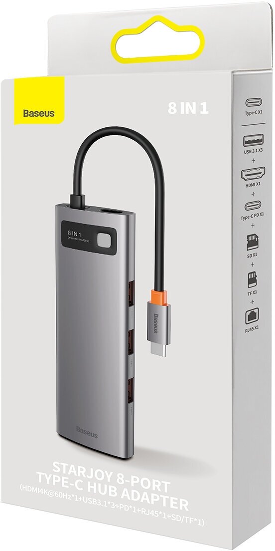 Baseus StarJoy 8-портовый адаптер-концентратор Type-C (Type-C к HDMI 4K @ 60Hz * 1 + USB 31 * 3 + PD * 1 + RJ45 * 1 + SD / TF * 1)