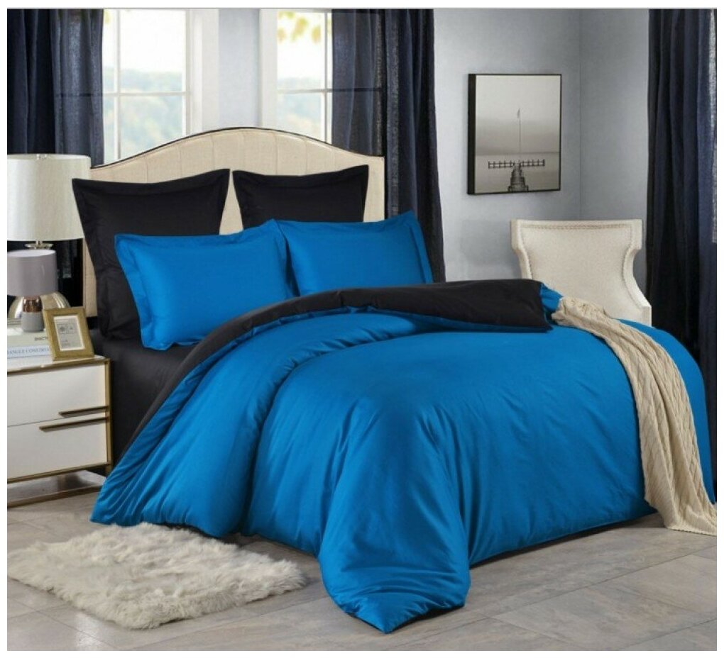 2 спальное постельное белье однотонное двустороннее сатин синее