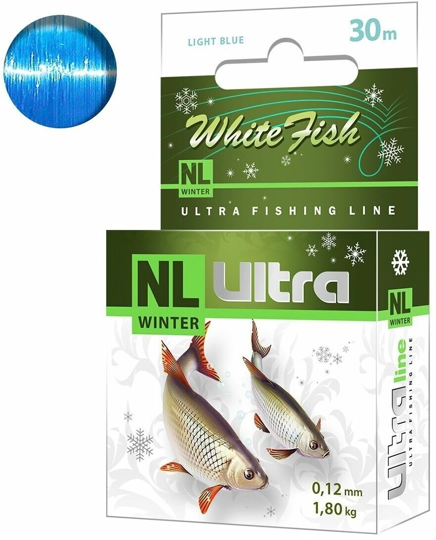 Леска зимняя для рыбалки AQUA NL ULTRA WHITE FISH (Белая рыба) 30m 0,12mm, цвет - светло-голубой, test - 1,80kg ( 1 штука )