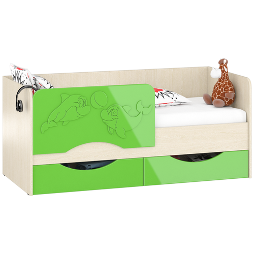 фото Кровать детская с ящиками дельфин-2 1,8 цвет дуб атланта/зелёное яблоко глянец бит и байт