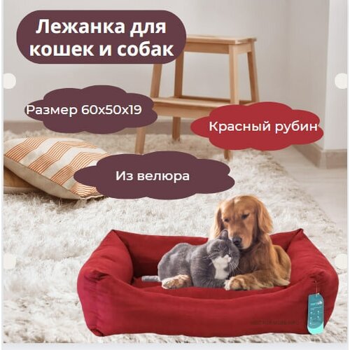 STORYTAILS Лежанка MUSHU прямоугольная из велюра, красный рубин, S 60х50х19 см