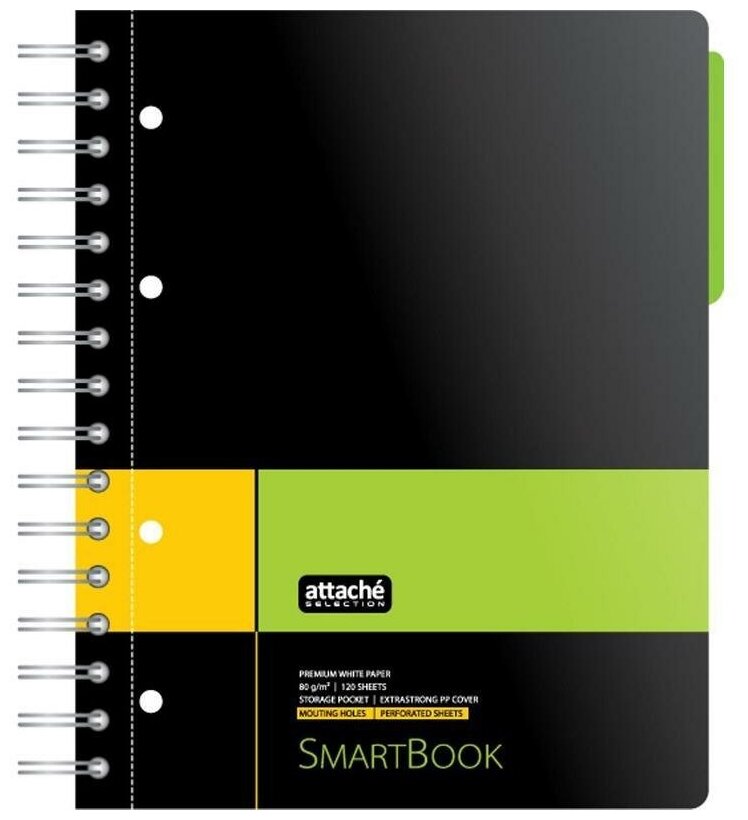 Бизнес-тетрадь А5 Attache Selection Smartbook, 120 листов, линейка, 1 разделитель на спирали, карман, желто-зеленый