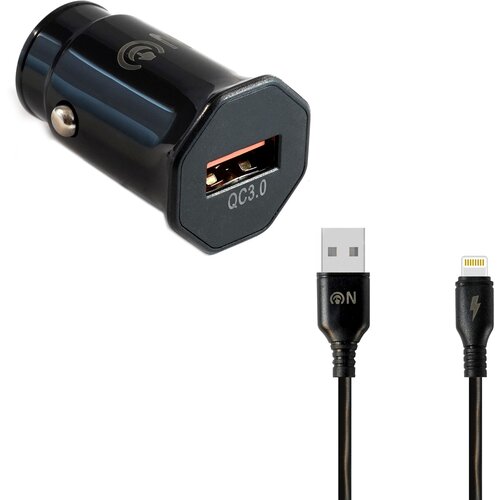 Автомобильная зарядка 1xUSB FaisON A-20, EDGE, 3.0A, QC3.0, кабель 8 pin, 1.0 м, черный
