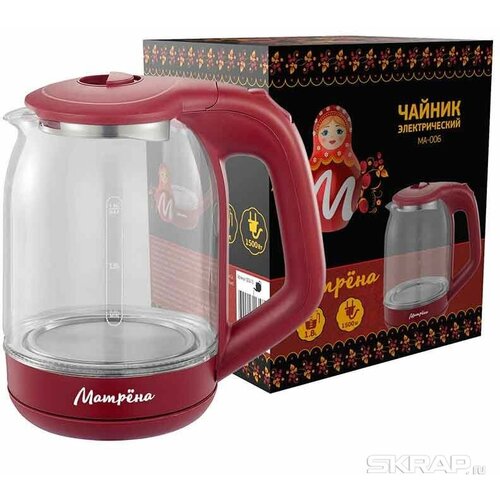 Чайник электрический 18Л 1500ВТ диск стекло внутр подсв 5415 вишн матрена 239100₽