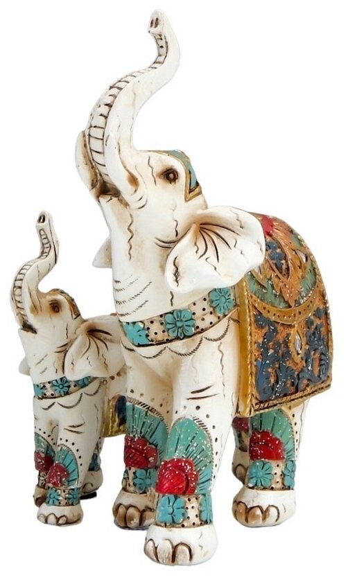 Сувенир полистоун "Белый слон со слонёнком в синей попоне" 18х9,5х13 см