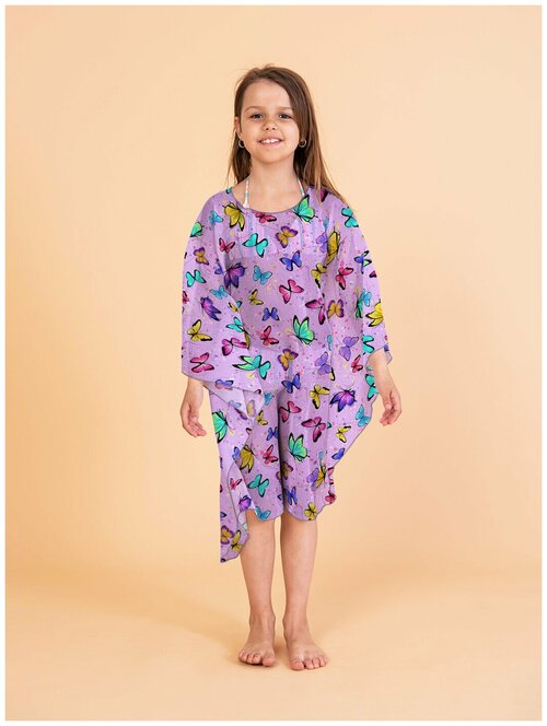 Пляжное платье туника детская sfer.tex , размер 122-140, цвет - бабочки сиреневые