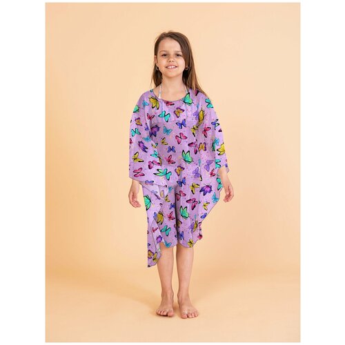 Пляжное платье туника детская sfer.tex , размер 122-140, цвет - бабочки сиреневые