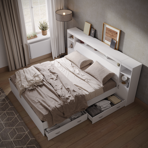 Кровать Виктория с ящиками 140х200 белая с прикроватным блоком и двумя тумбами