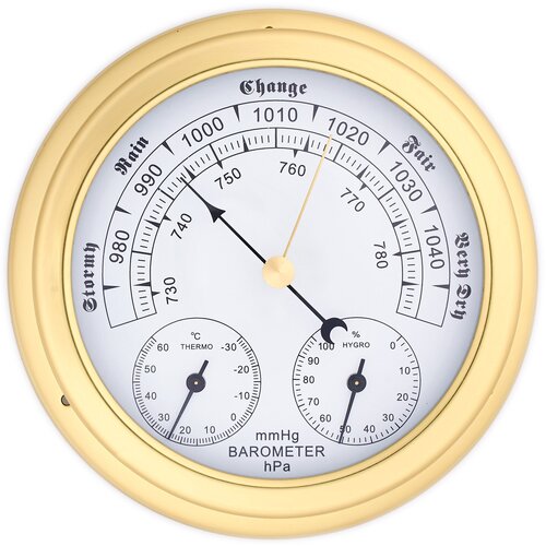 Метеостанция КМ91220ТГБ корабельный, барометр со встроенным гигрометром и термометром, корпус (круг) из латуни для наружного применения