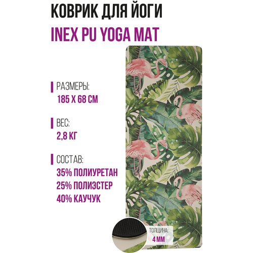 Дизайнерский коврик для йоги INEX Yoga PU Mat полиуретан с принтом, фламинго, 185х68х0,4 см.