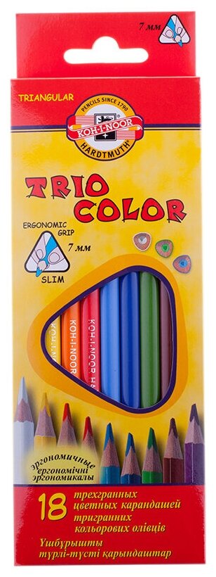 Карандаши цветные 18 цветов Koh-I-Noor Triocolor (L=175мм, D=7мм, d=3.2мм, 3гр) картонная упаковка (3133018004KSRU)