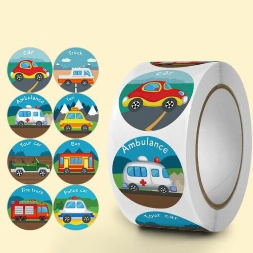 Наклейка бумага Транспорт d 25 см 500 шт в рулоне 3х65х65 см 650₽