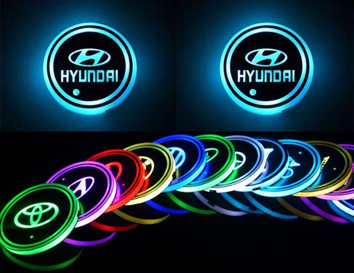 Светодиодная подсветка в автомобильные подстаканники с логотипом марки автомобиля HYUNDAI комплект 2 шт.