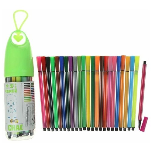 Фломастеры, 24 цвета, в пластиковом тубусе с ручкой, вентилируемый колпачок, 1 набор