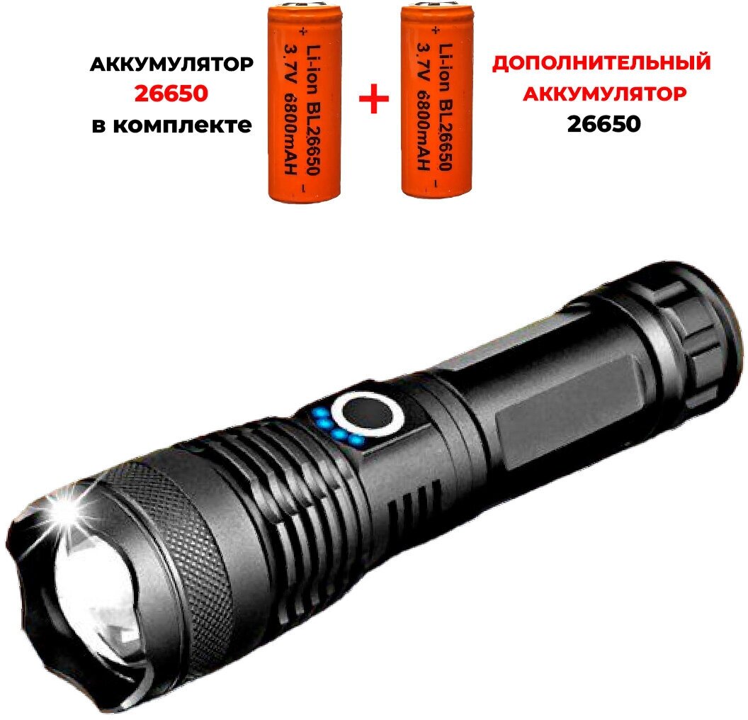 Фонарь ручной светодиодный аккумуляторный, зарядка от USB, регулируемый Zoom + Доп. аккумулятор 26650/BL-XO071