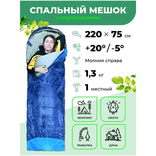 Водонепроницаемый спальный мешок демисезонный AT6101 (правый) 1,3 кг 190х75 см с подголовником 30 см синий / Одинарный спальник туристический