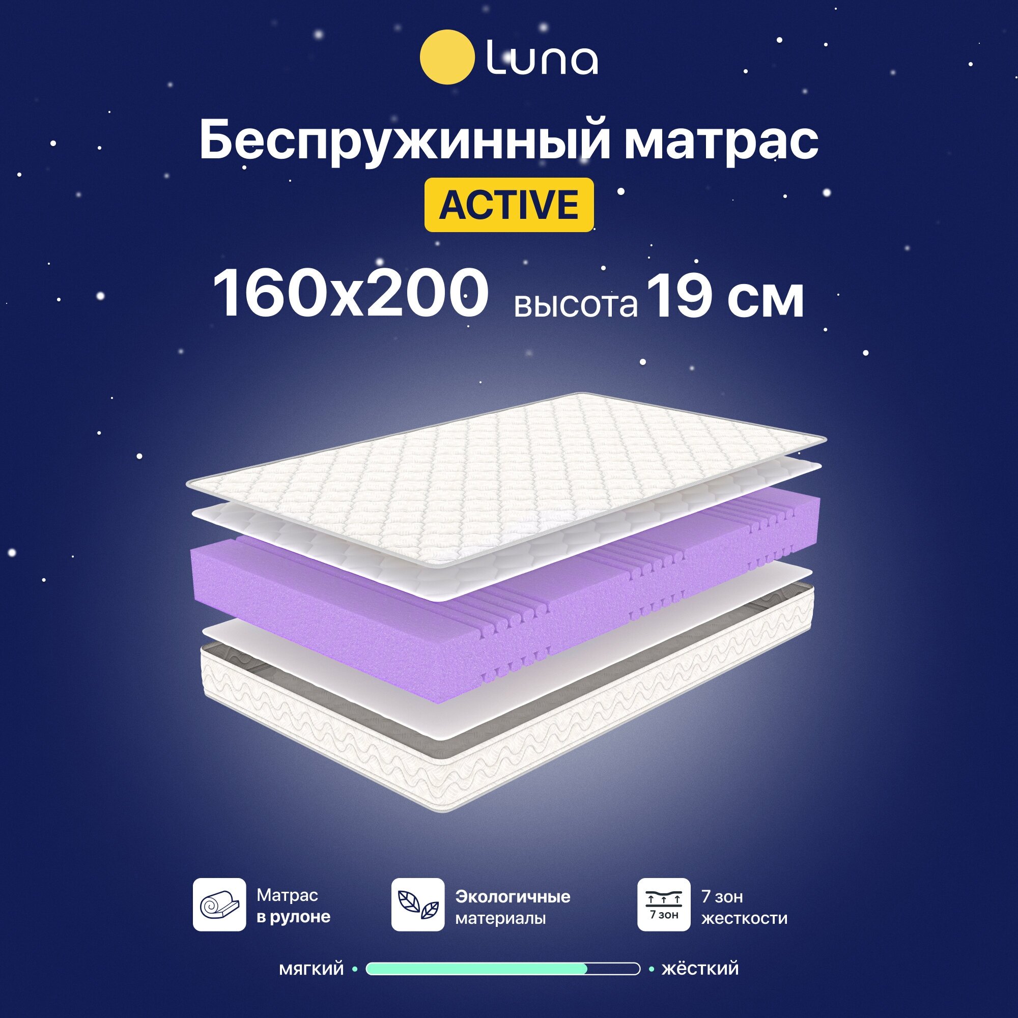 фото Ортопедический матрас Luna Active 180х200 см беспружинный, двухсторонний, гипоаллергенный, анатомический, высота 19 см