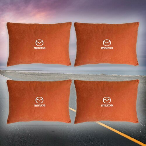 Комплект автомобильных подушек из красного велюра и вышивкой для Mazda (мазда) (4 автомобильные подушки)