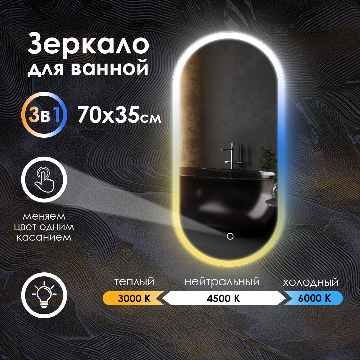 Зеркало настенное Maskota Elen для ванной овальное капсула с фронтальной подсветкой по краю 70 х 35 см